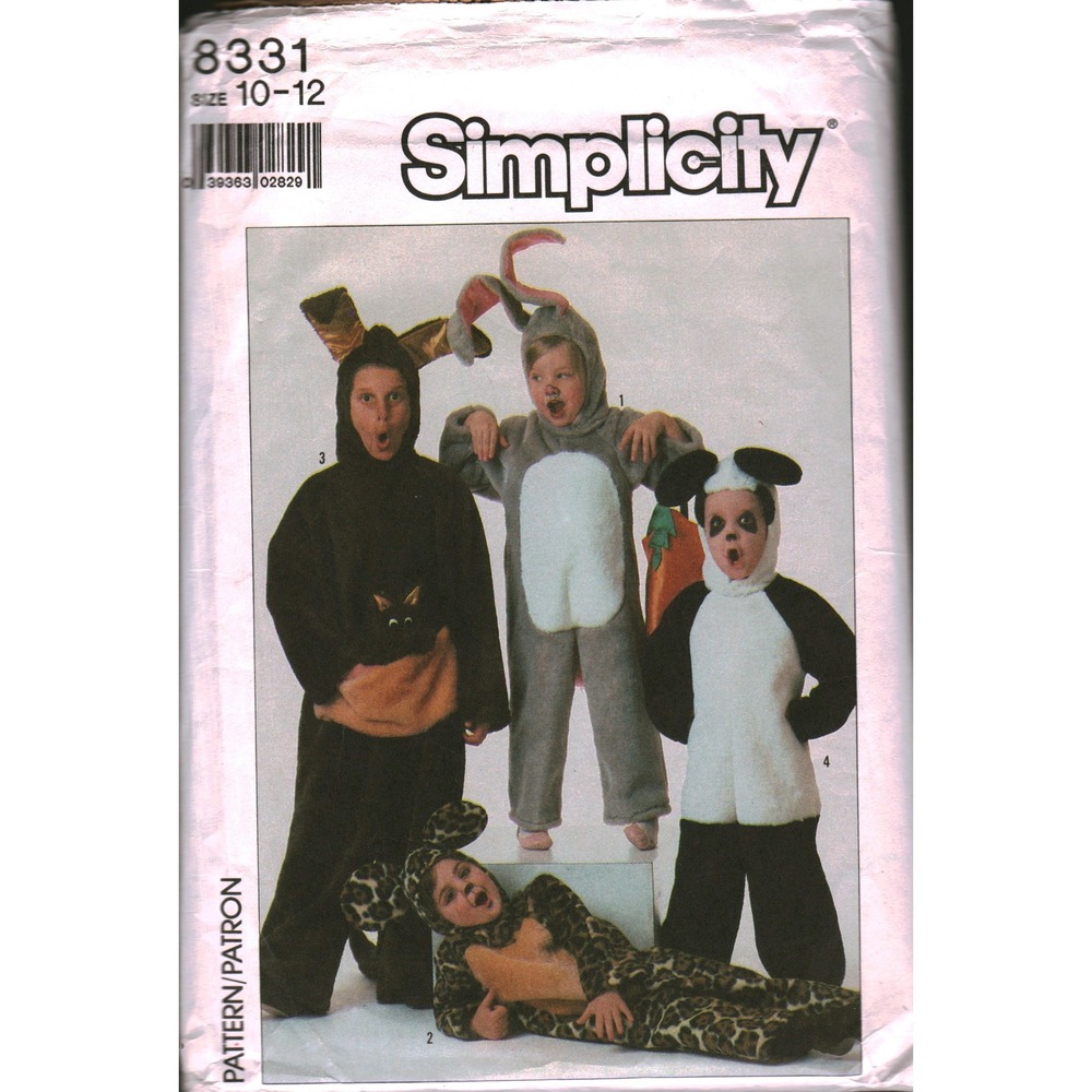 Simplicity 8331 Kids Animal Costume Sewing Pattern Bunny Leopard Panda Sz 10-12